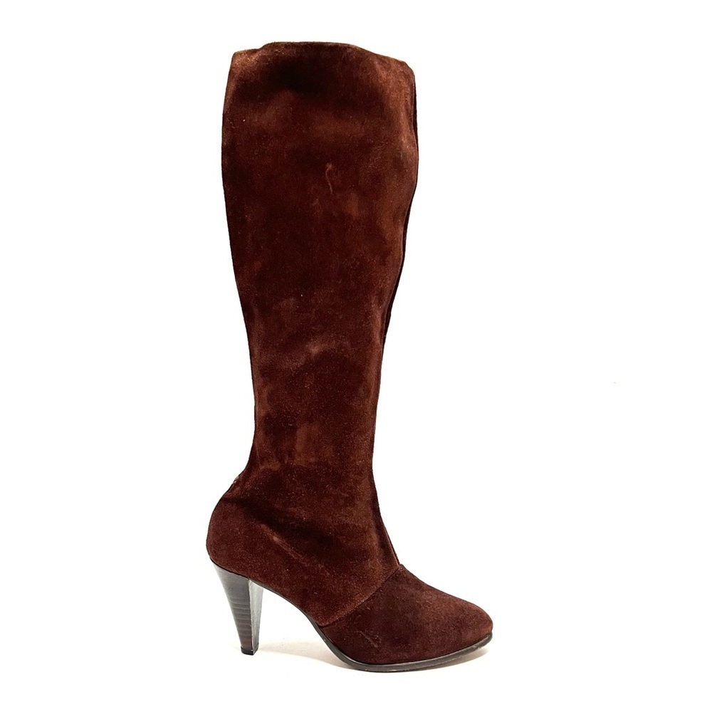 Vintage 1970s brown suede knee high zip up heeled gogo boots